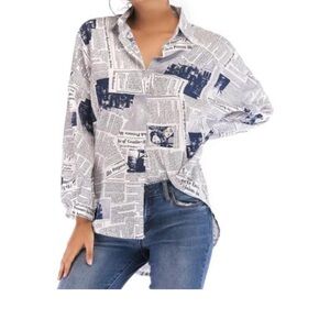 RINTONIX Women Sexy V Neck Letter Print Button Up Shirt 3/4 Sleeve Drape